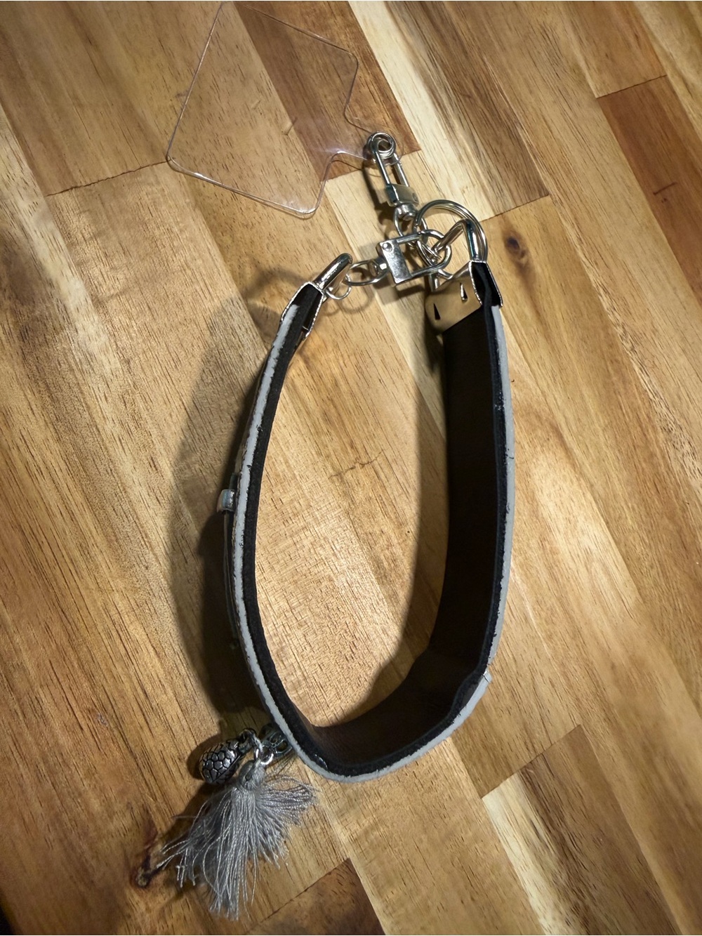 Gray Leather Strap Keychain Wristlet with Tassel